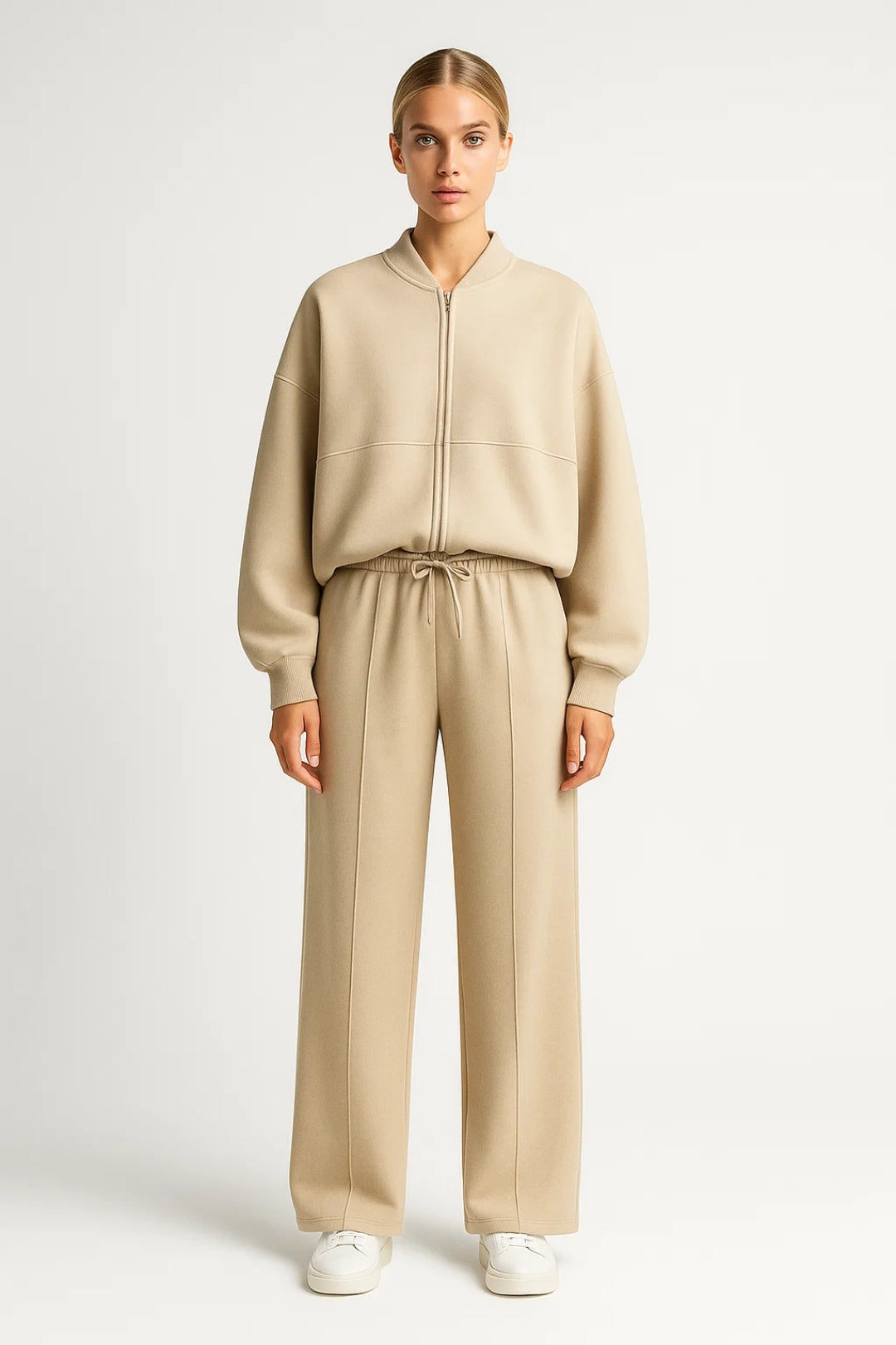 Ensemble deux pièces confortable avec zip frontal et pantalons larges