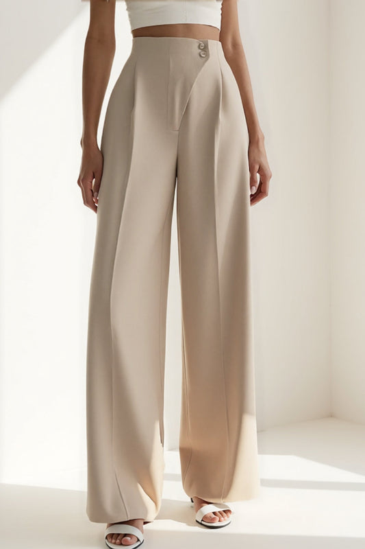 Pantalon large en tissu fluide | Taille haute | Fermeture avec boutons décoratifs