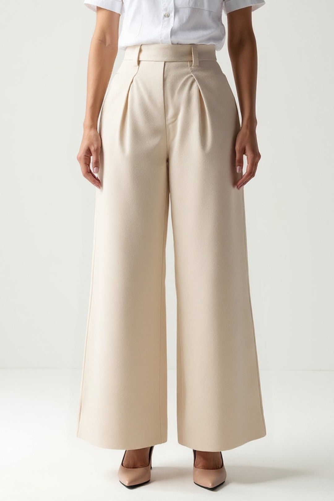 Pantalon Palazzo Crème | Taille Haute | Plis Avant