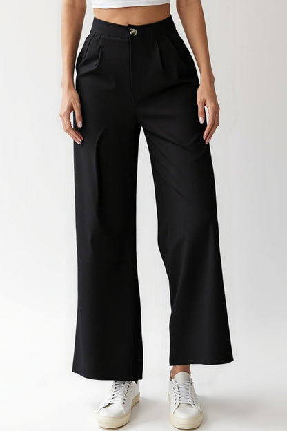 Pantalons Noirs à Jambes Droites | Taille Mi-Haute | Style Décontracté-Élégant