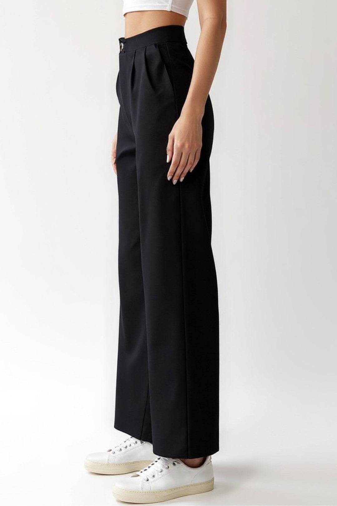 Pantalons Noirs à Jambes Droites | Taille Mi-Haute | Style Décontracté-Élégant