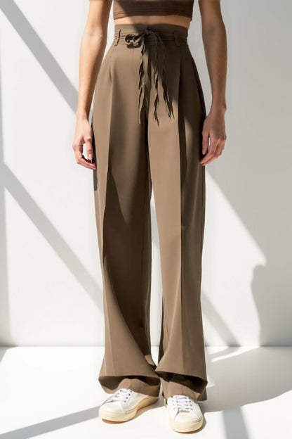 Pantalons taille haute avec ceinture tressée | Jambe large | Élégant et fluide