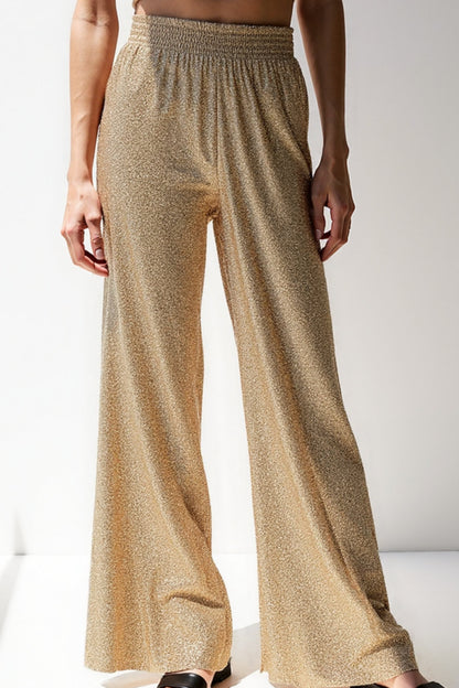 Pantalons Évasés en Paillettes Métalliques | Taille Haute Élastique | Look Éblouissant pour le Soir