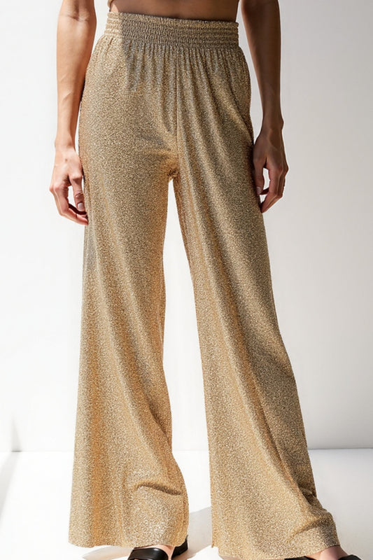 Pantalons Évasés en Paillettes Métalliques | Taille Haute Élastique | Look Éblouissant pour le Soir
