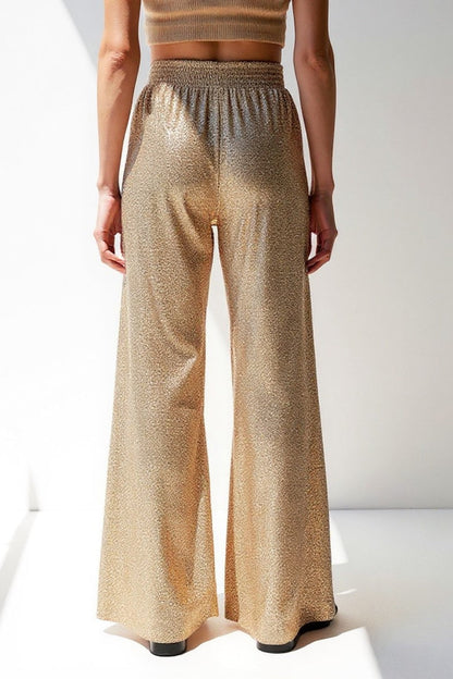 Pantalons Évasés en Paillettes Métalliques | Taille Haute Élastique | Look Éblouissant pour le Soir