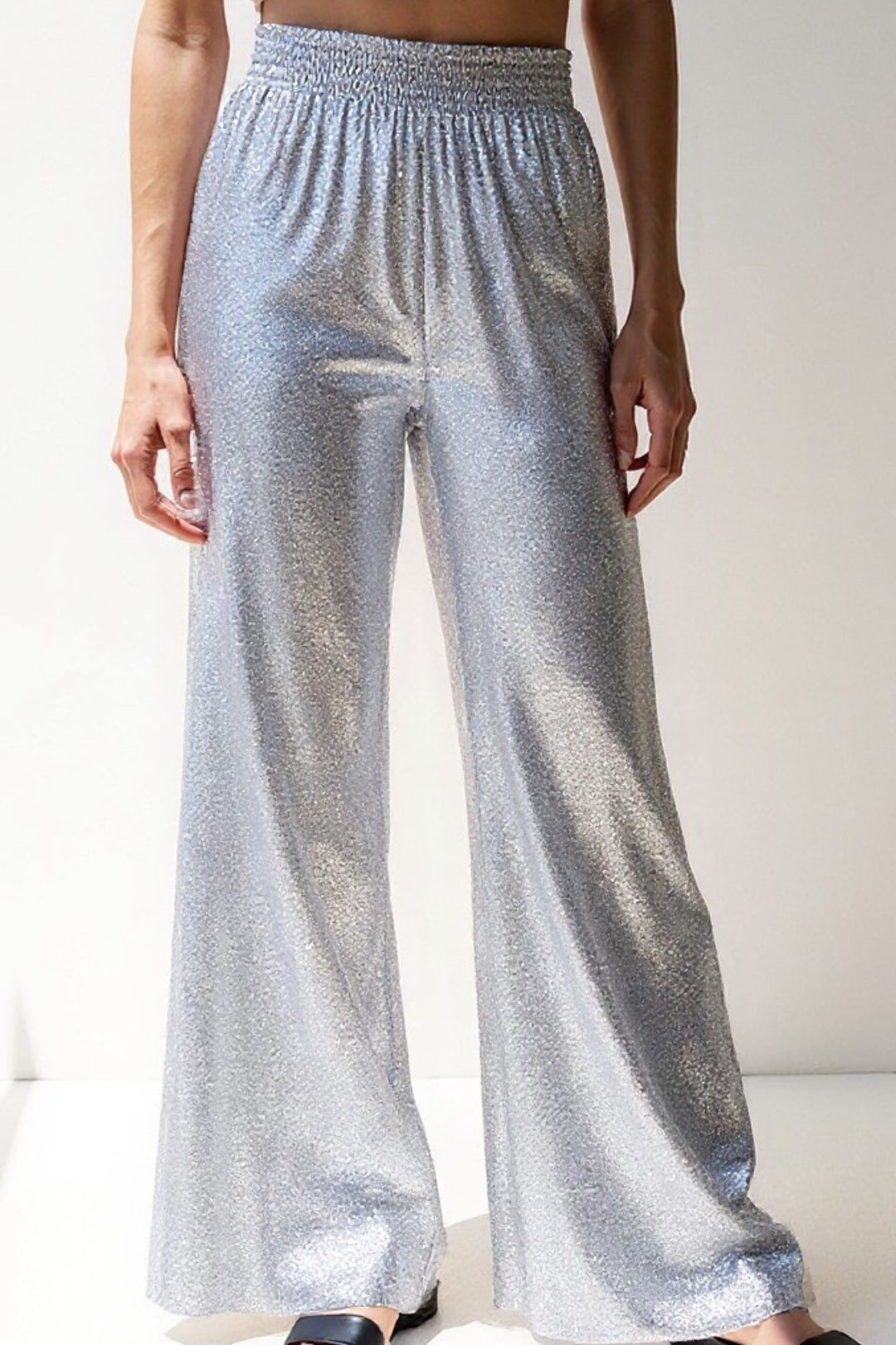 Pantalons Évasés en Paillettes Métalliques | Taille Haute Élastique | Look Éblouissant pour le Soir