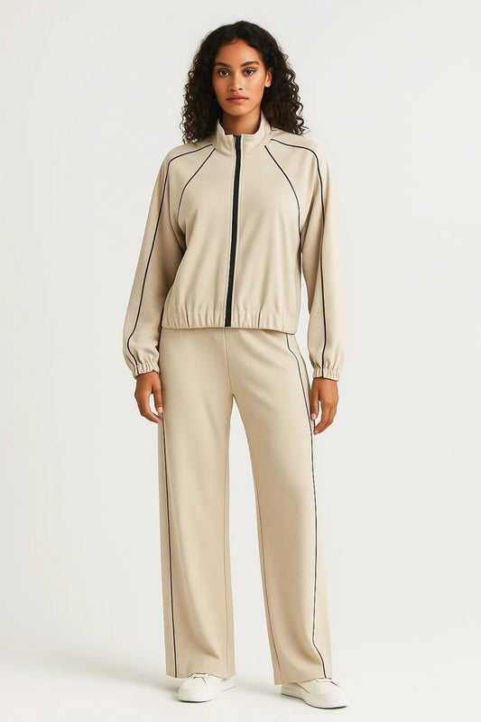 Ensemble sportif beige | Veste zippée et pantalons amples | Confort quotidien