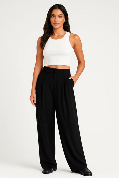 Pantalon large noir élégant | Taille haute | Coupe fluide et tailleur