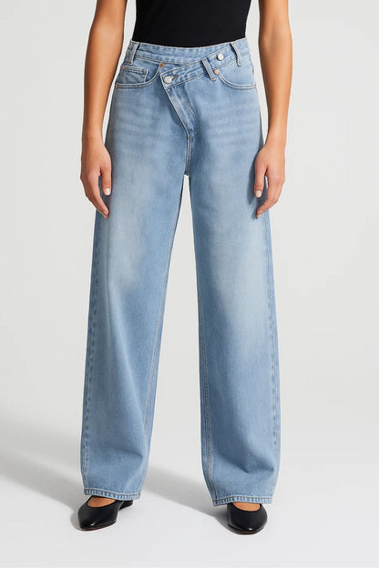 Jeans à Jambe Large avec Fermeture Asymétrique | Taille Haute | Denim Clair ou Foncé