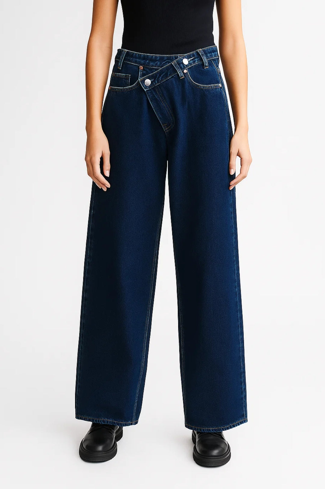 Jeans à Jambe Large avec Fermeture Asymétrique | Taille Haute | Denim Clair ou Foncé